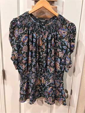 Ralph Lauren Black Label Peplum Blouse Ruched Sleeves Button Front Floral